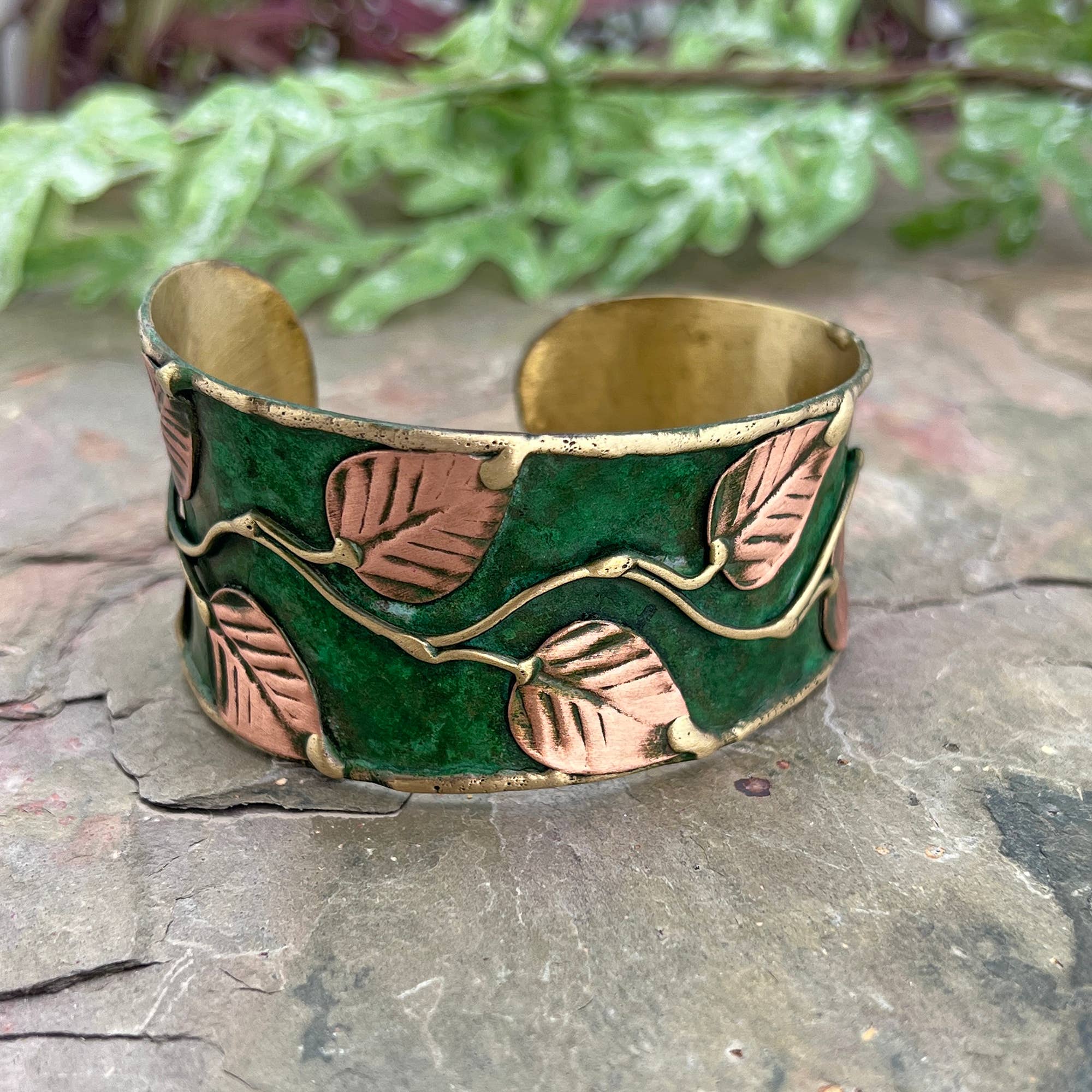 Brass Patina Cuff Bracelet | Green Leaves & Vines - Spiral Circle