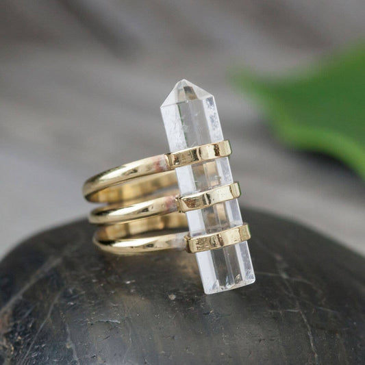 Brass Ring Featuring a Crystal Quartz Point - Spiral Circle