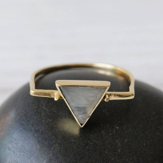 Brass Ring with Triangle Moonstone - Spiral Circle