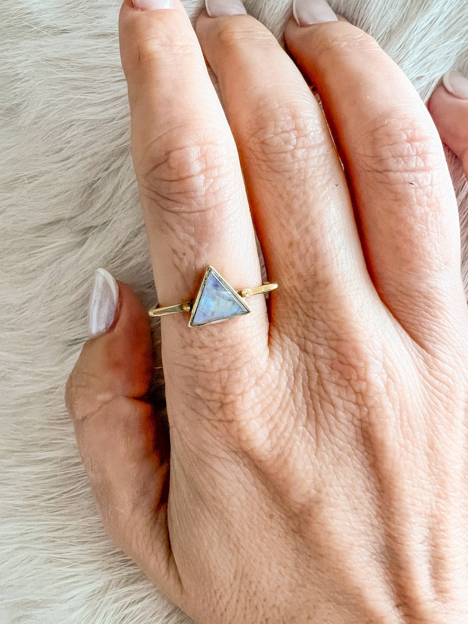 Brass Ring with Triangle Moonstone - Spiral Circle