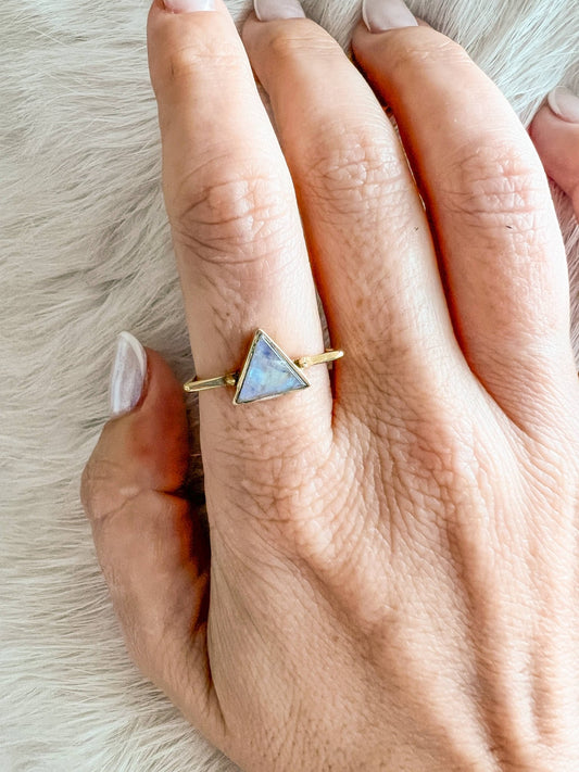 Brass Ring with Triangle Moonstone - Spiral Circle
