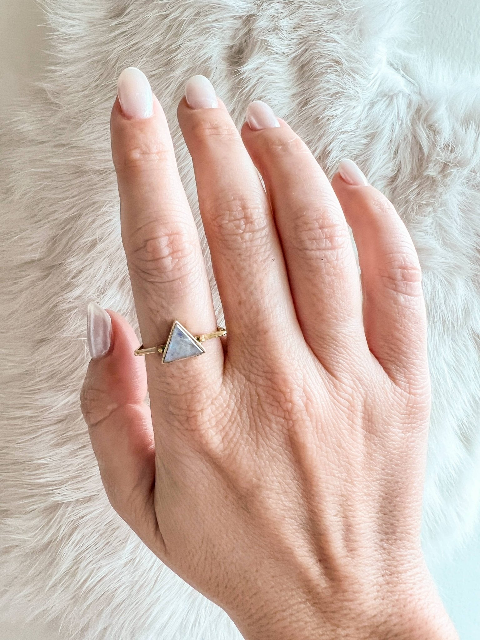 Brass Ring with Triangle Moonstone - Spiral Circle