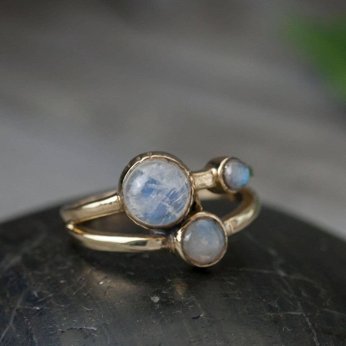 Brass Triple Moonstone Ring - Spiral Circle