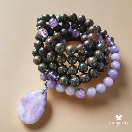 Bronzite & Lepidolite 108 Bead Mala - Spiral Circle