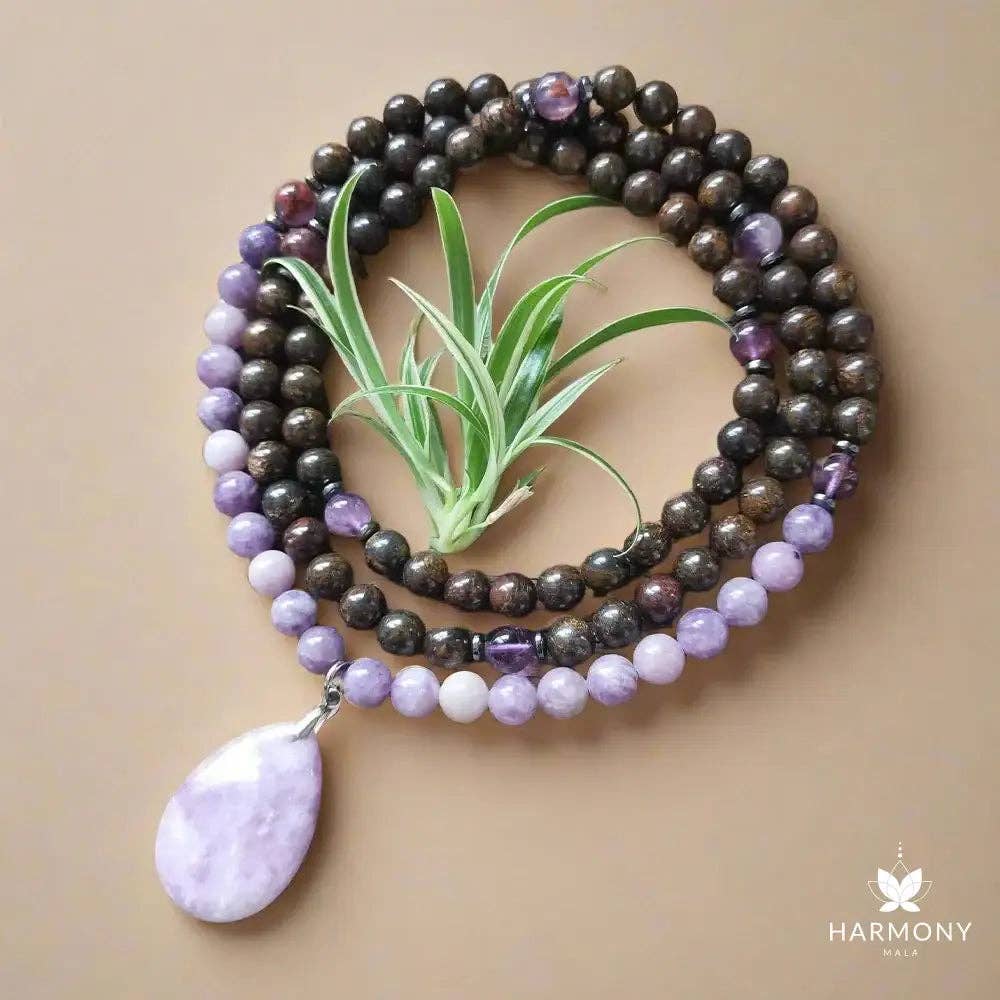Bronzite & Lepidolite 108 Bead Mala - Spiral Circle