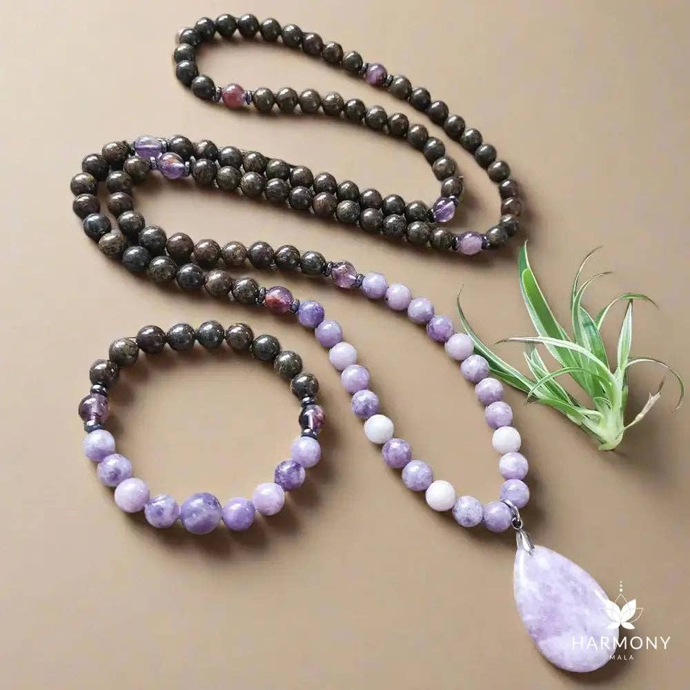 Bronzite & Lepidolite 108 Bead Mala - Spiral Circle
