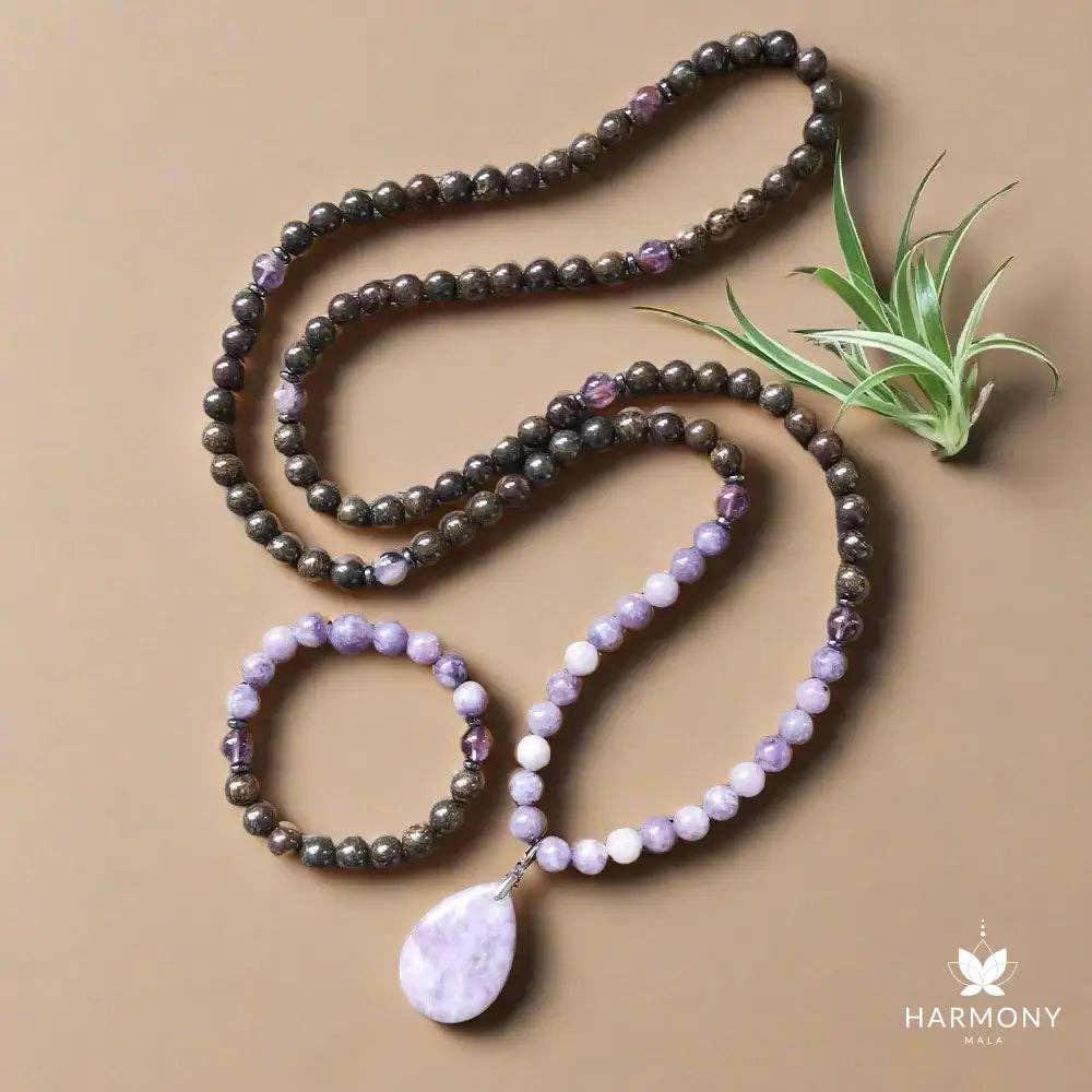 Bronzite & Lepidolite 108 Bead Mala - Spiral Circle
