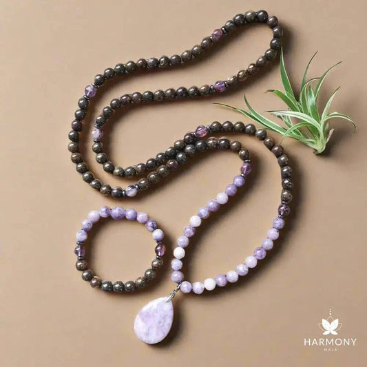 Bronzite & Lepidolite 108 Bead Mala - Spiral Circle