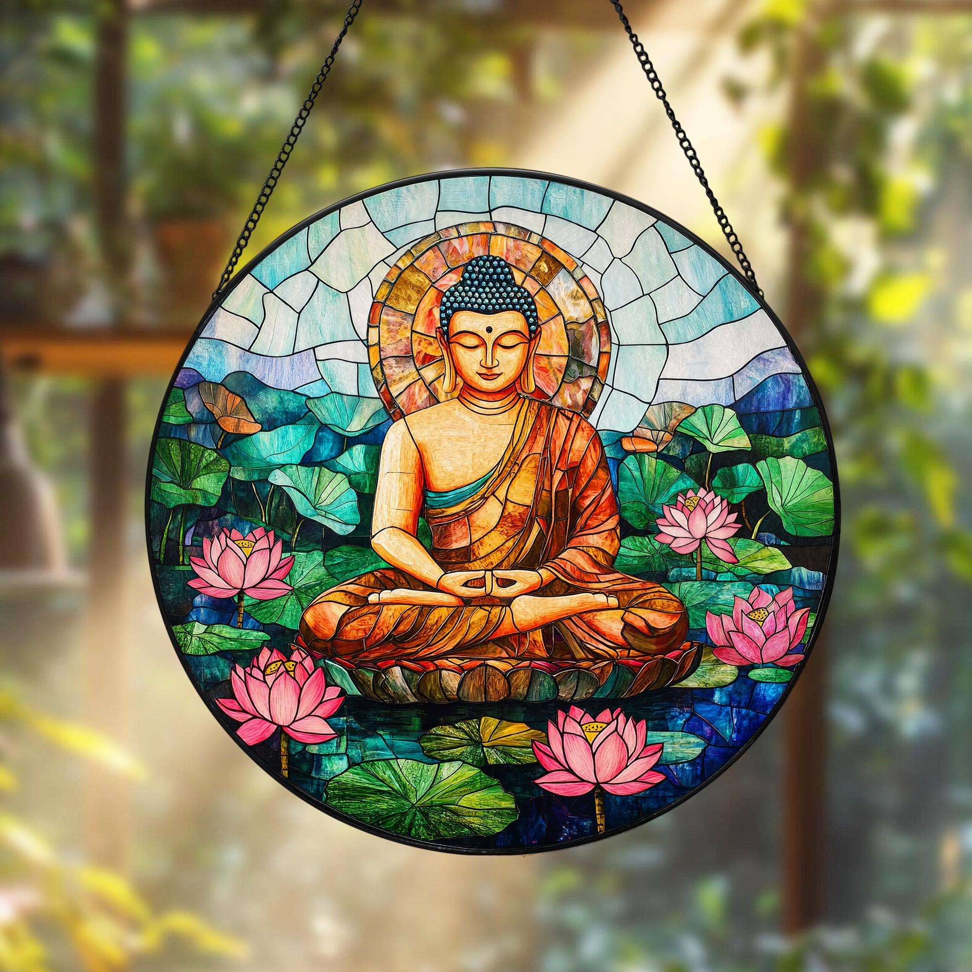 Buddha Stained Glass Suncatcher, Buddha Meditation Decor - Spiral Circle