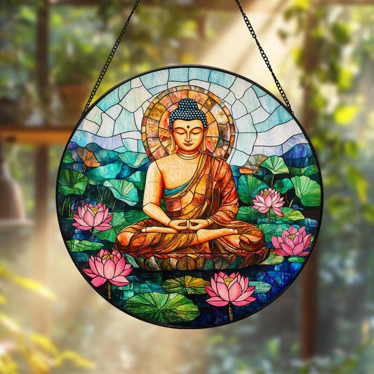 Buddha Stained Glass Suncatcher, Buddha Meditation Decor - Spiral Circle