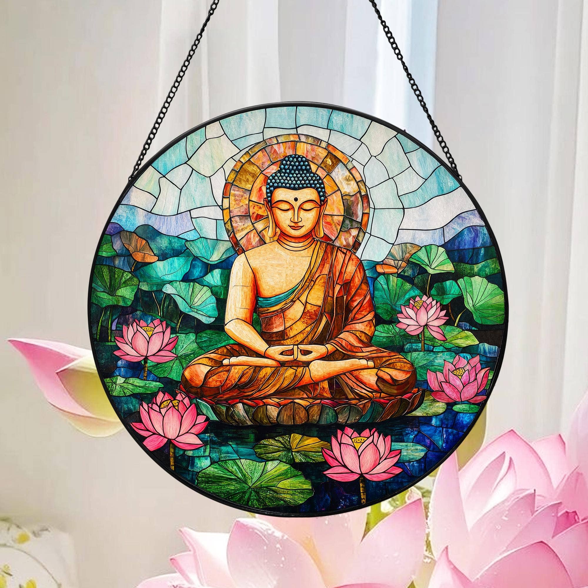 Buddha Stained Glass Suncatcher, Buddha Meditation Decor - Spiral Circle