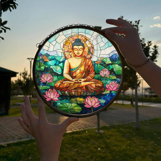 Buddha Stained Glass Suncatcher, Buddha Meditation Decor - Spiral Circle