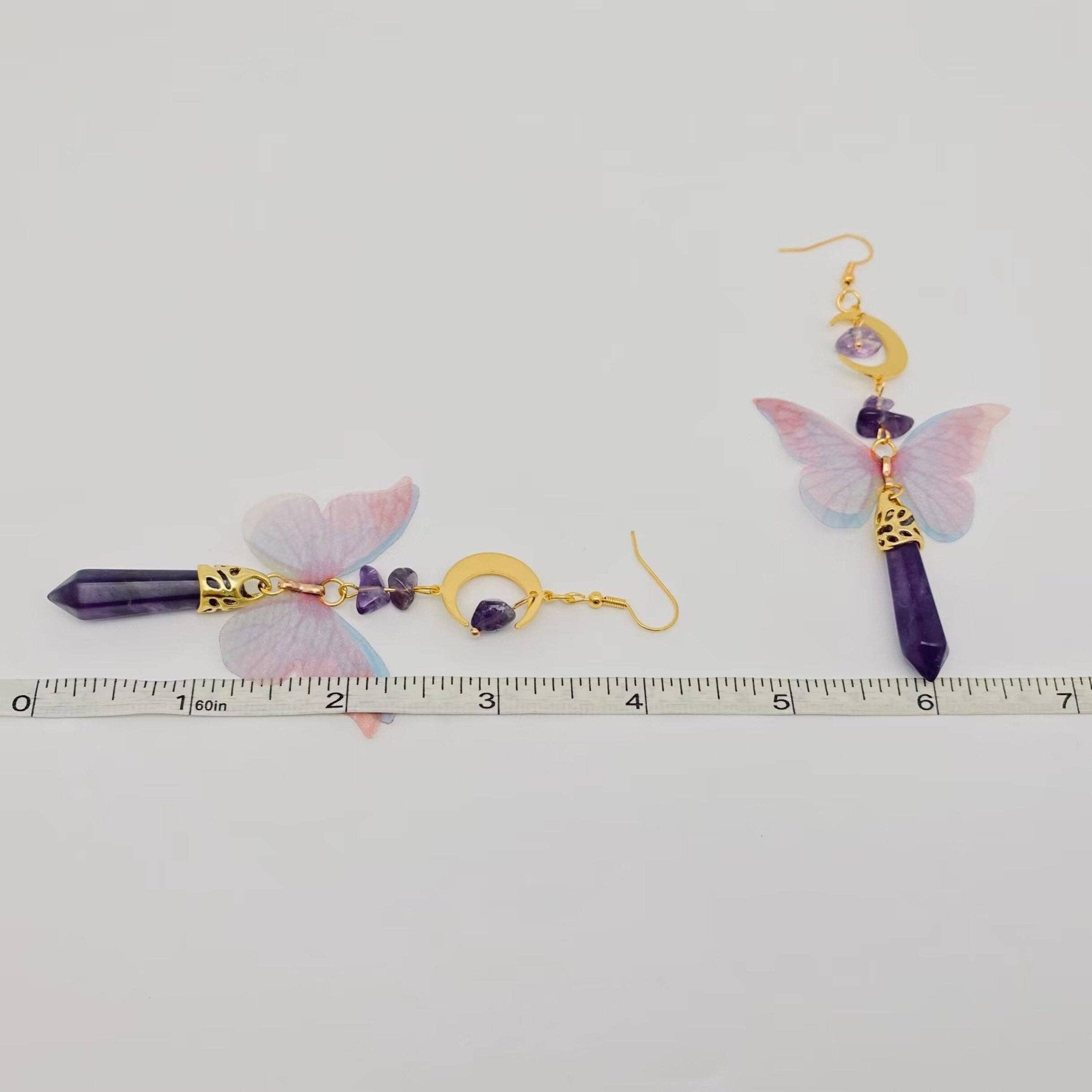 Butterfly Wings Amethyst Moon Pendant Earring - Spiral Circle
