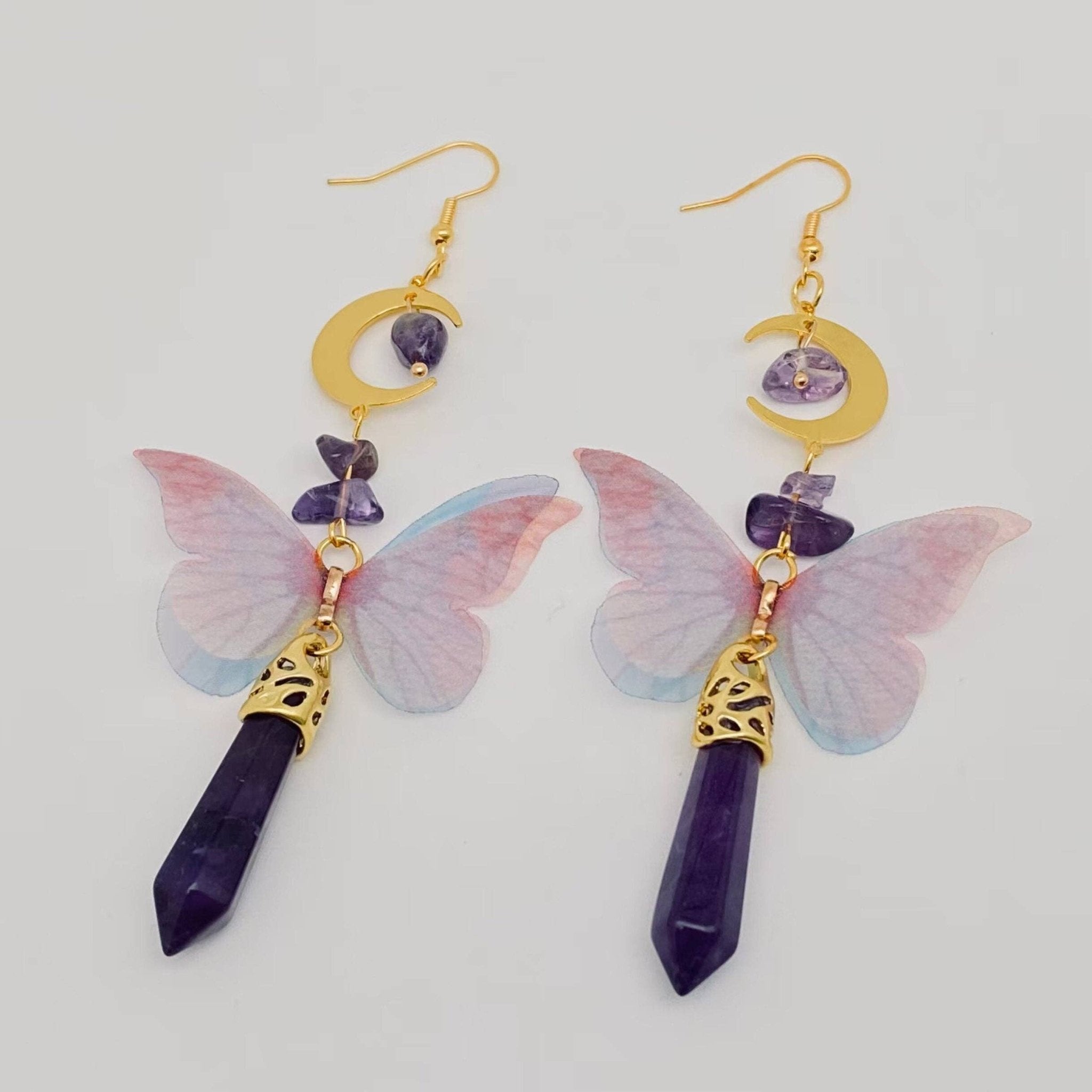 Butterfly Wings Amethyst Moon Pendant Earring - Spiral Circle