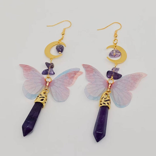 Butterfly Wings Amethyst Moon Pendant Earring - Spiral Circle