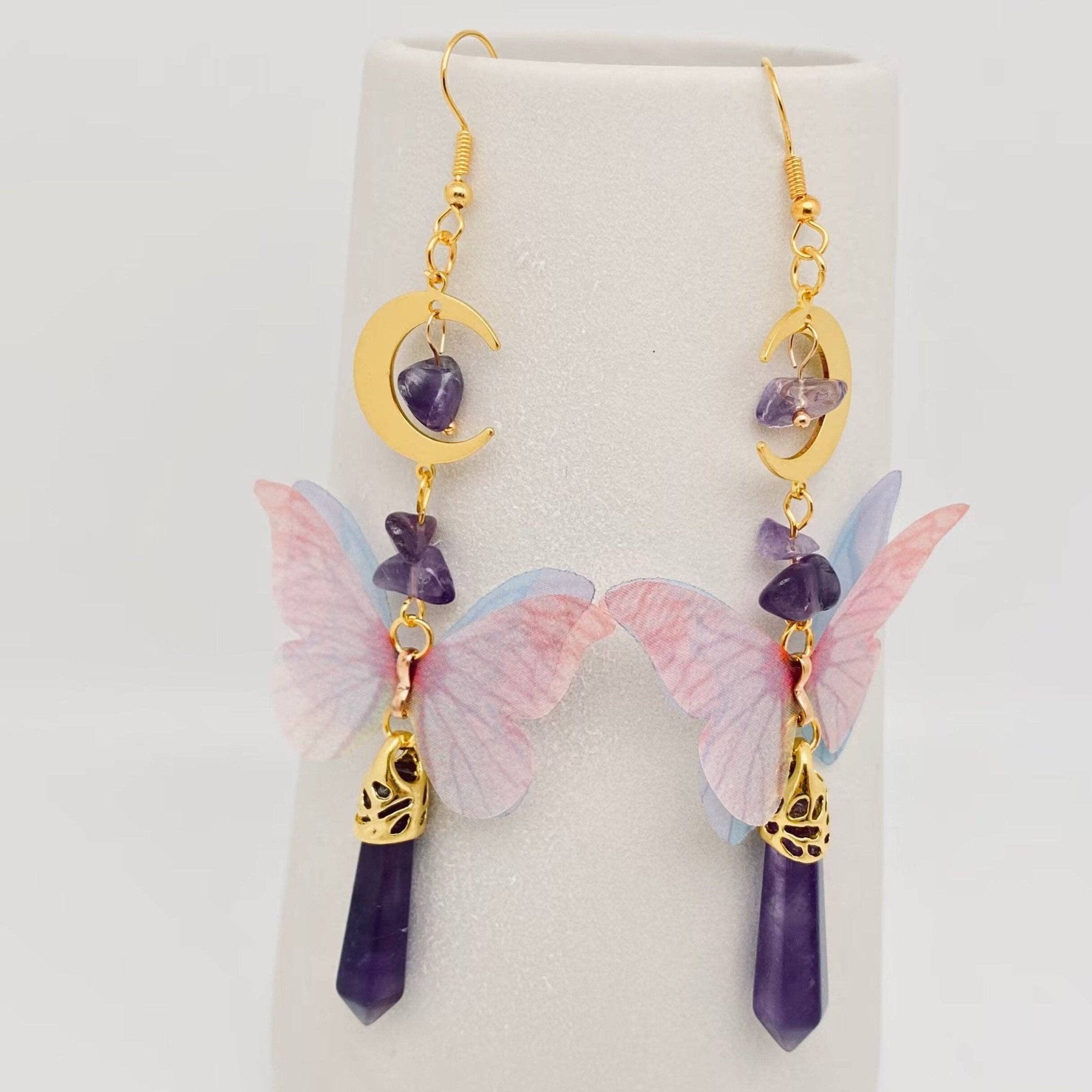 Butterfly Wings Amethyst Moon Pendant Earring - Spiral Circle