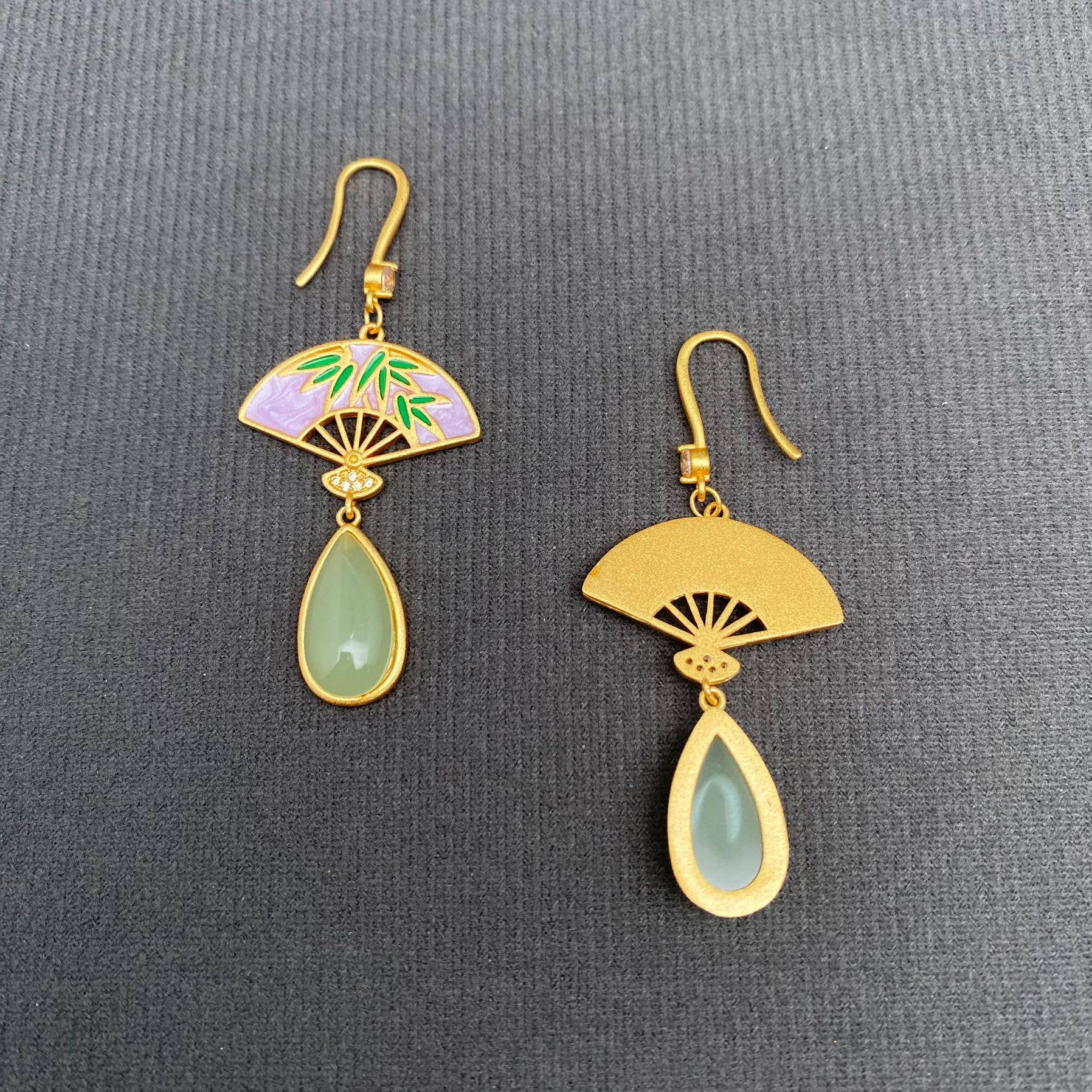 Stone Inlaid Bamboo Fan Dangle Earrings