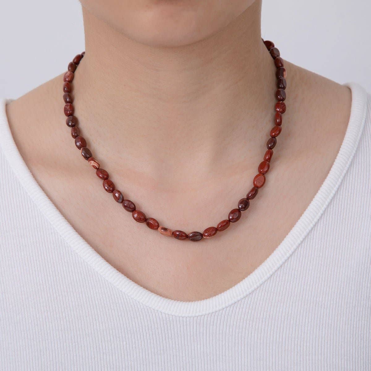Carnelian Oblong Oval Gemstone Bead Necklace | 18K Gold Plated - Spiral Circle
