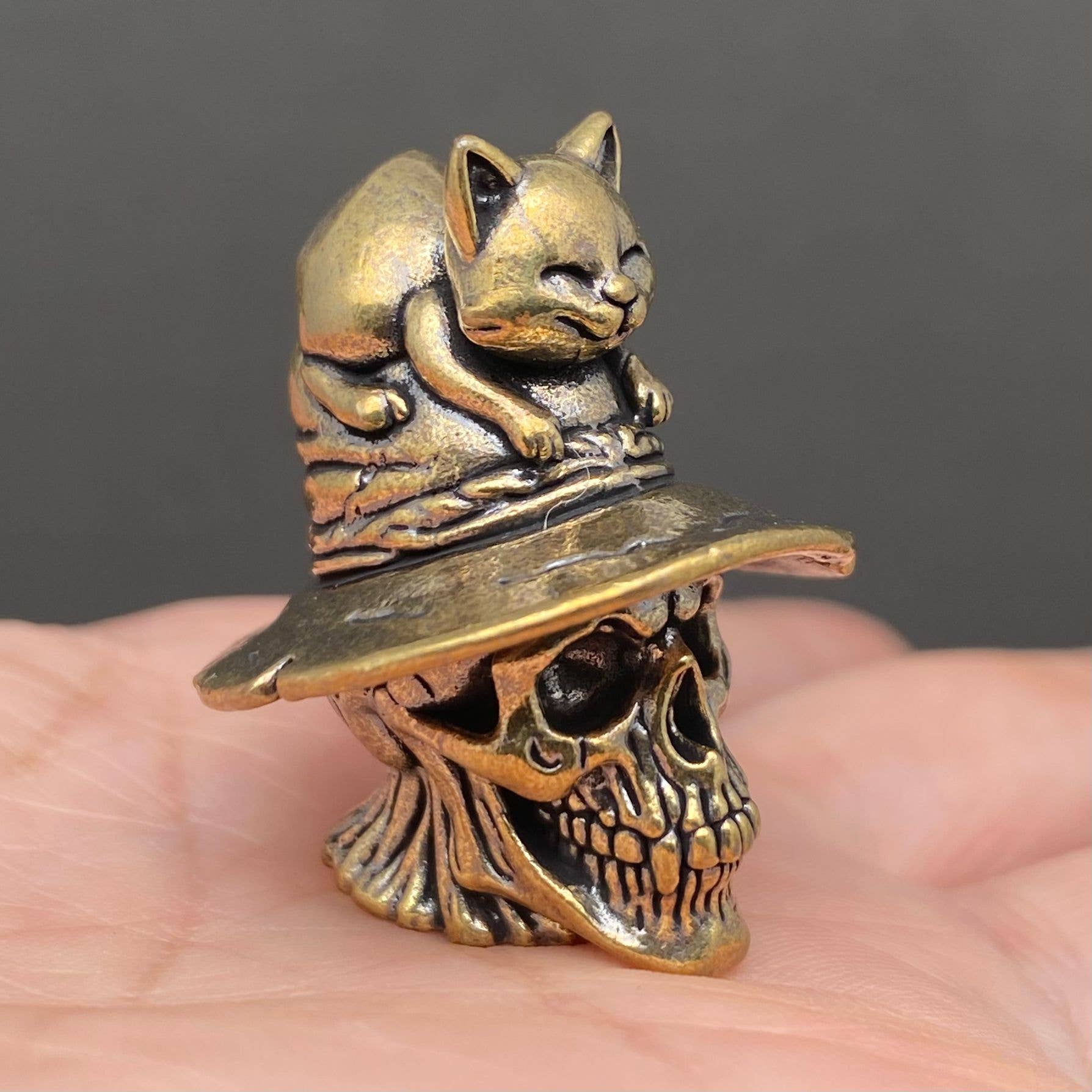 Cat On The Skull | Brass Figurine - Spiral Circle