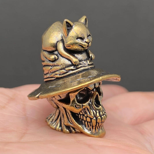 Cat On The Skull | Brass Figurine - Spiral Circle