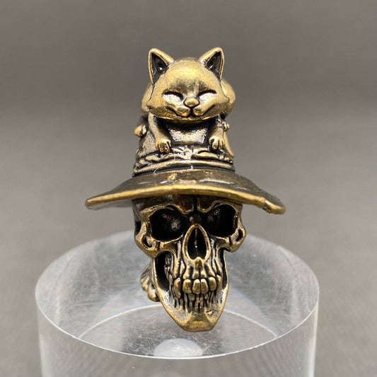 Cat On The Skull | Brass Figurine - Spiral Circle