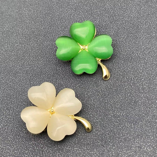 Cat's Eye Stone Design Four - leaf Clover Brooch - Spiral Circle