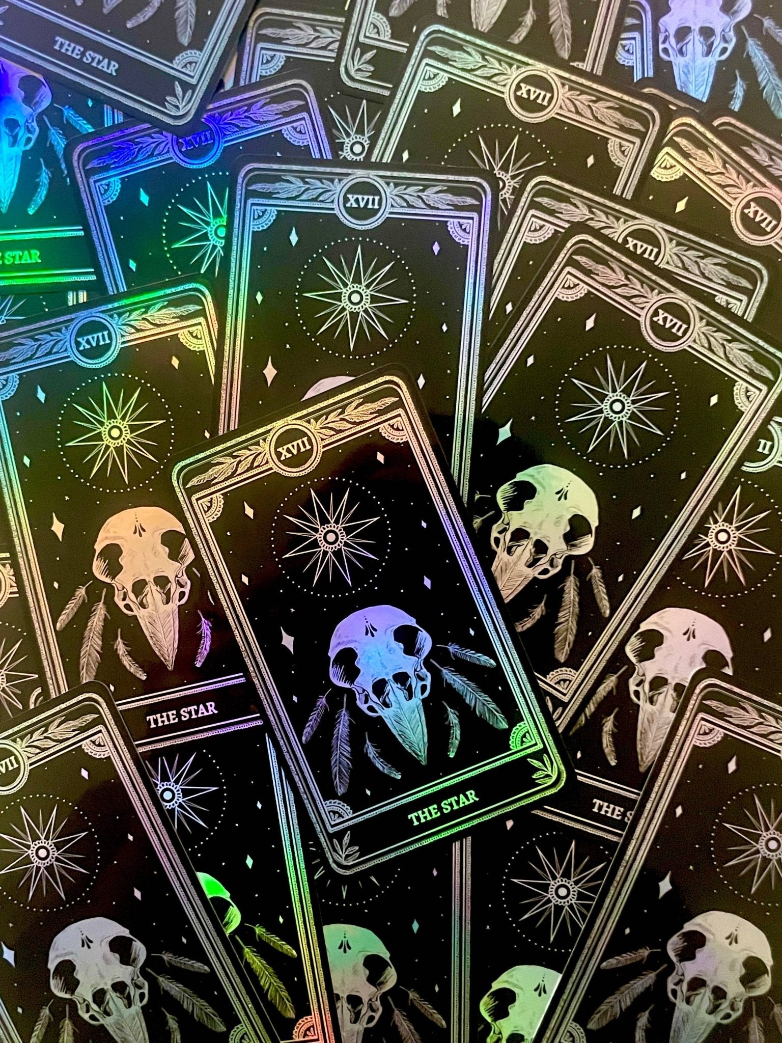 Celestial Sticker Pack, Marigold Tarot Holographic: The Star, The Moon, The Sun, The World - Spiral Circle