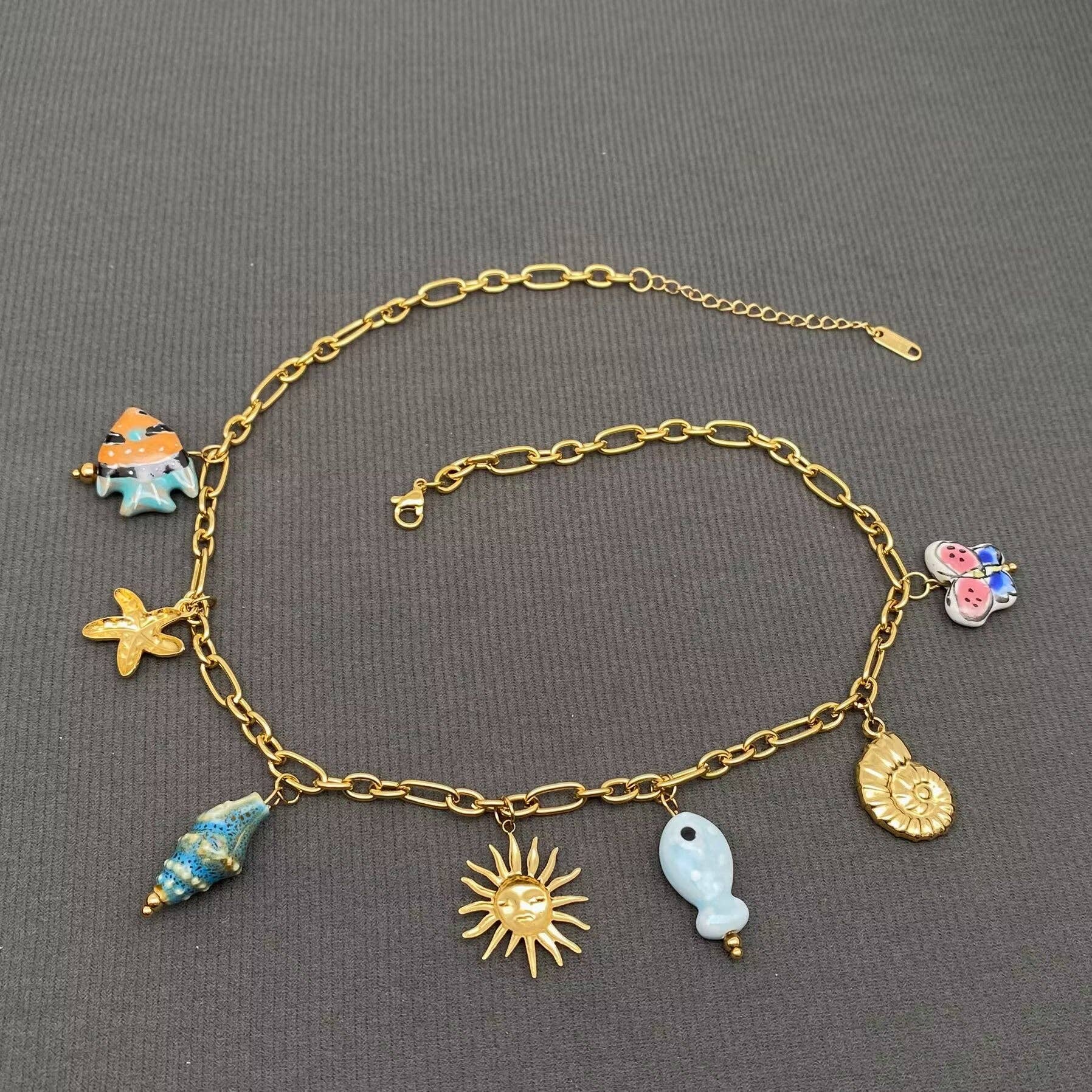 Ceramic Marine Style Sun Charm 18K Golden SS Necklace - FGS - Spiral Circle