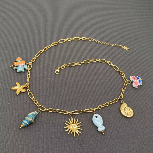 Ceramic Marine Style Sun Charm 18K Golden SS Necklace - FGS - Spiral Circle