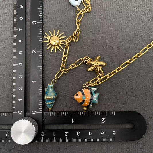 Ceramic Marine Style Sun Charm 18K Golden SS Necklace - FGS - Spiral Circle