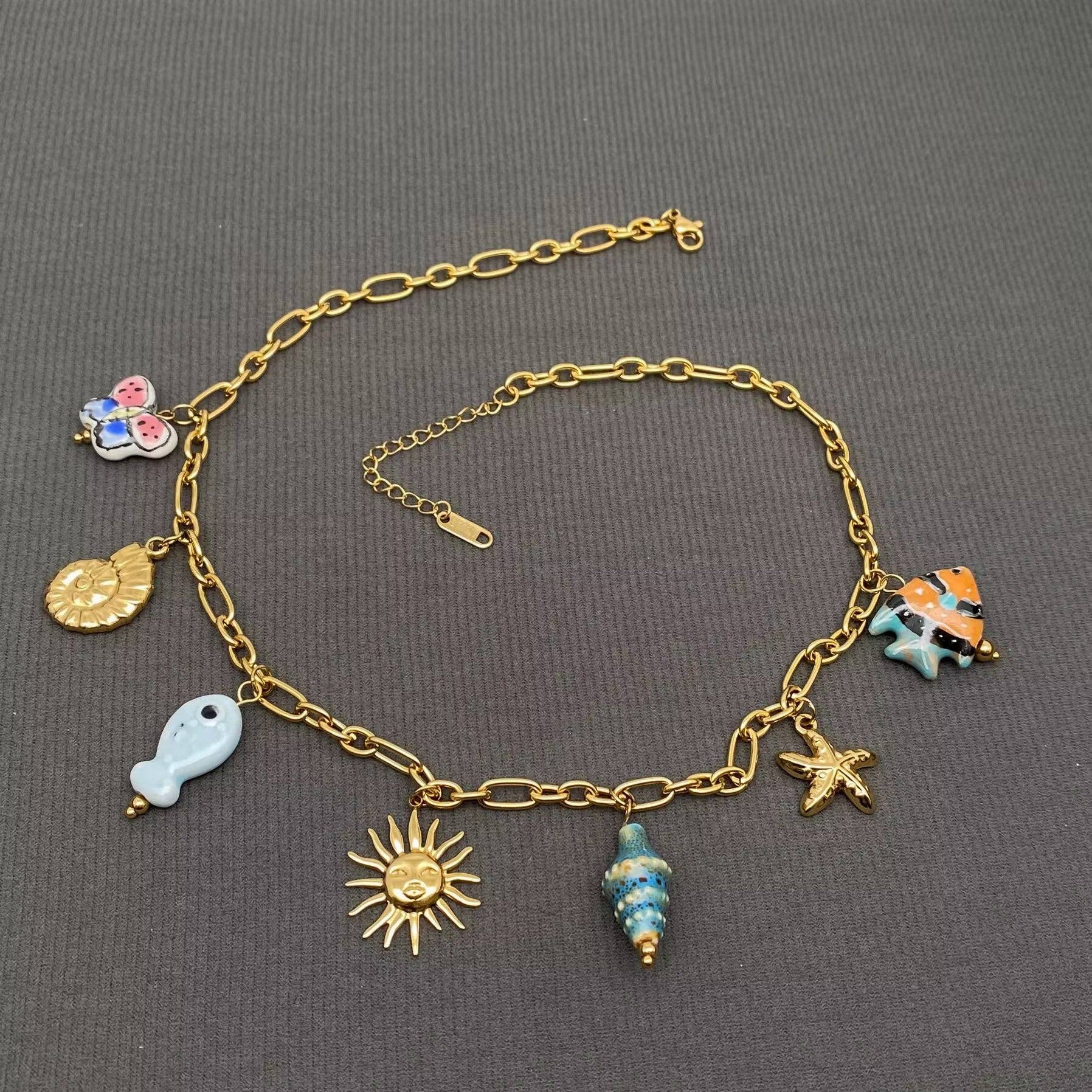Ceramic Marine Style Sun Charm 18K Golden SS Necklace - FGS - Spiral Circle