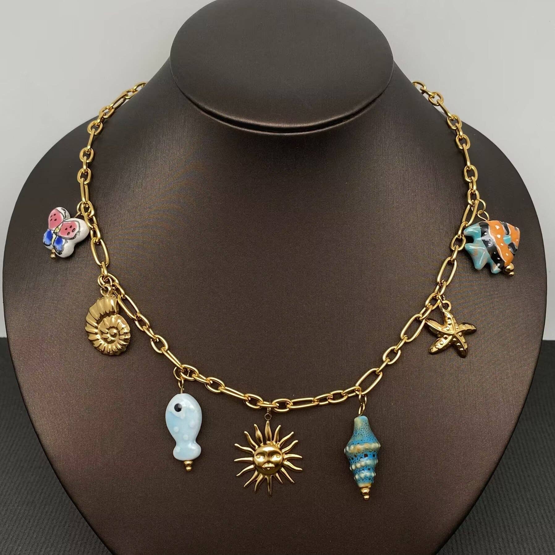 Ceramic Marine Style Sun Charm 18K Golden SS Necklace - FGS - Spiral Circle