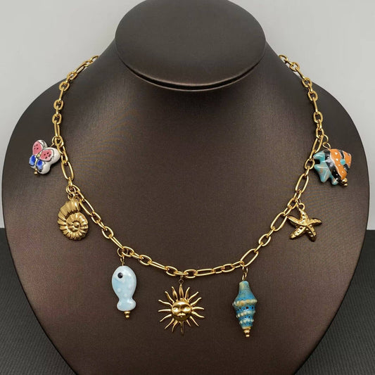 Ceramic Marine Style Sun Charm 18K Golden SS Necklace - FGS - Spiral Circle