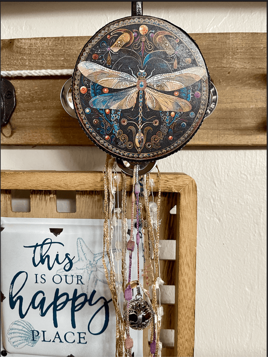 Charmed Art Nouveau Dragonfly 4" Tambourine and Ribbon - Spiral Circle