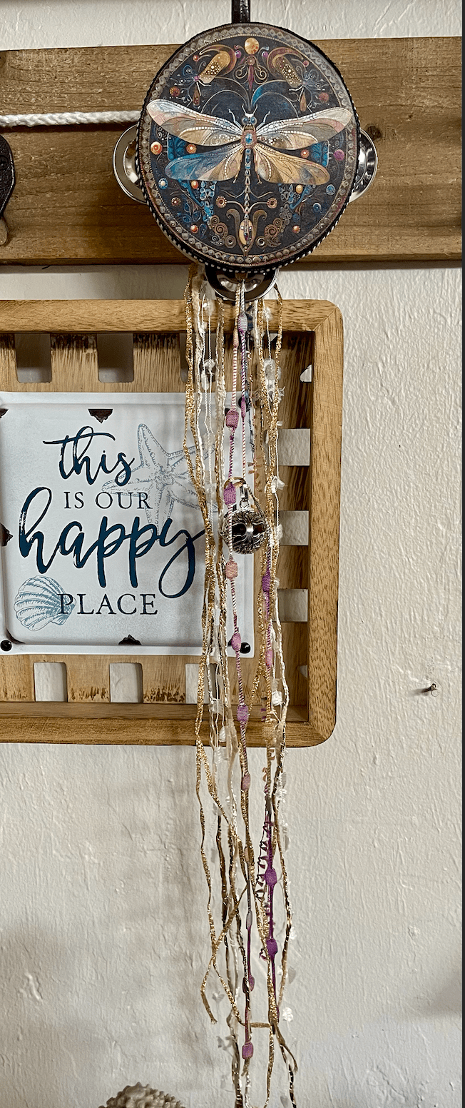 Charmed Art Nouveau Dragonfly 4" Tambourine and Ribbon - Spiral Circle