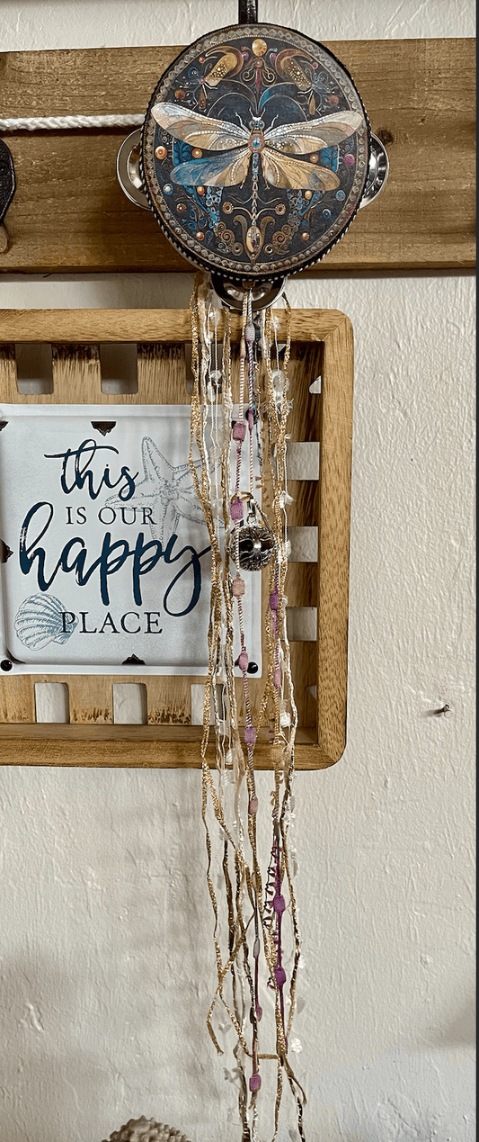 Charmed Art Nouveau Dragonfly 4" Tambourine and Ribbon - Spiral Circle