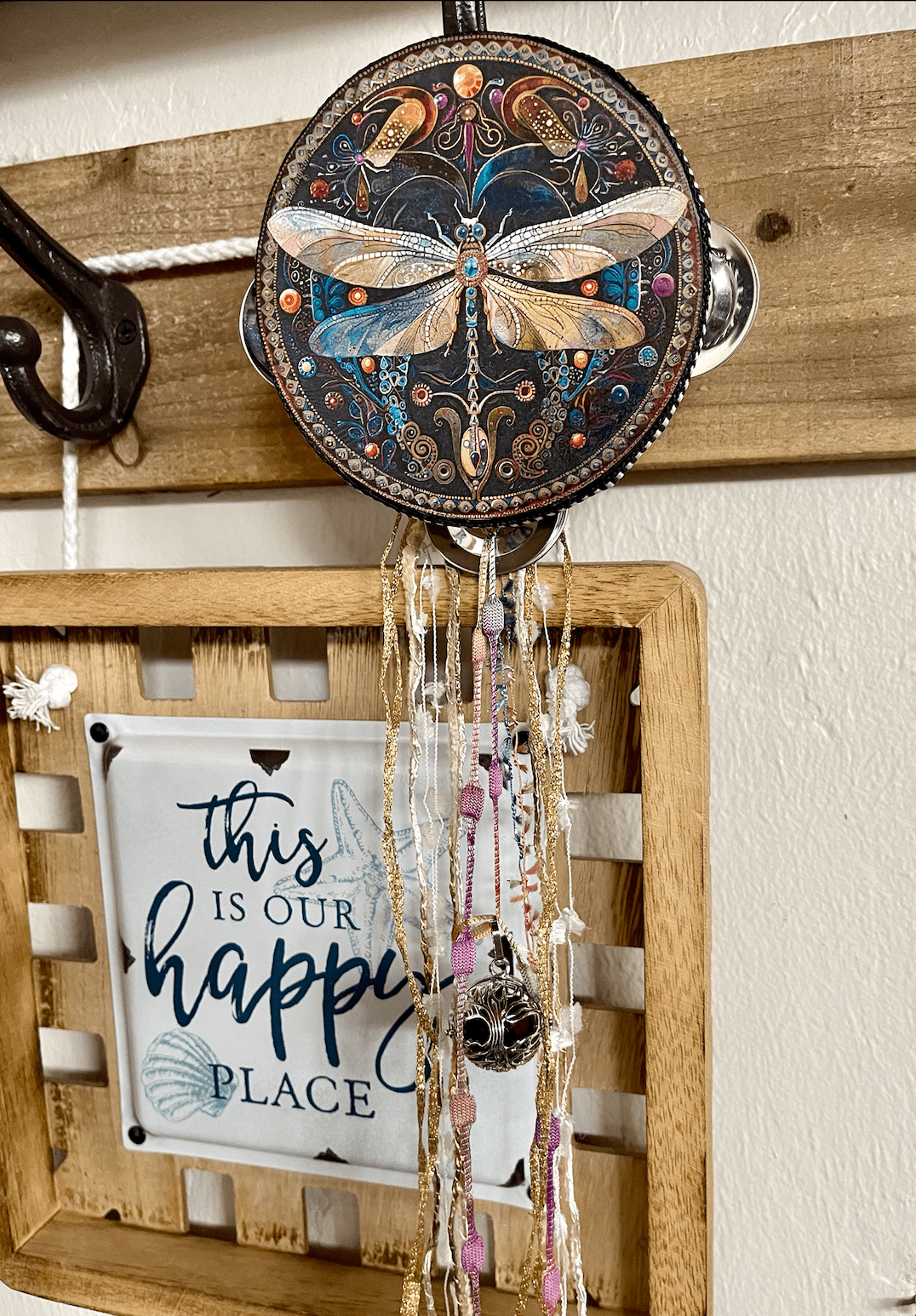 Charmed Art Nouveau Dragonfly 4" Tambourine and Ribbon - Spiral Circle