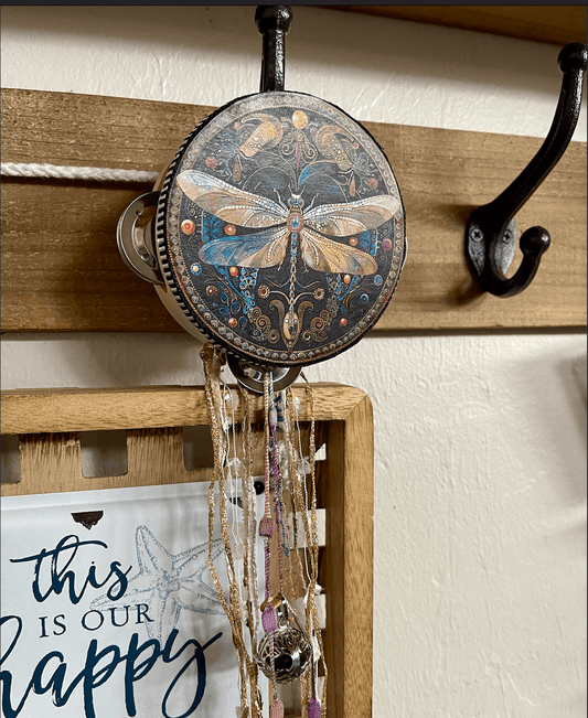 Charmed Art Nouveau Dragonfly 4" Tambourine and Ribbon - Spiral Circle