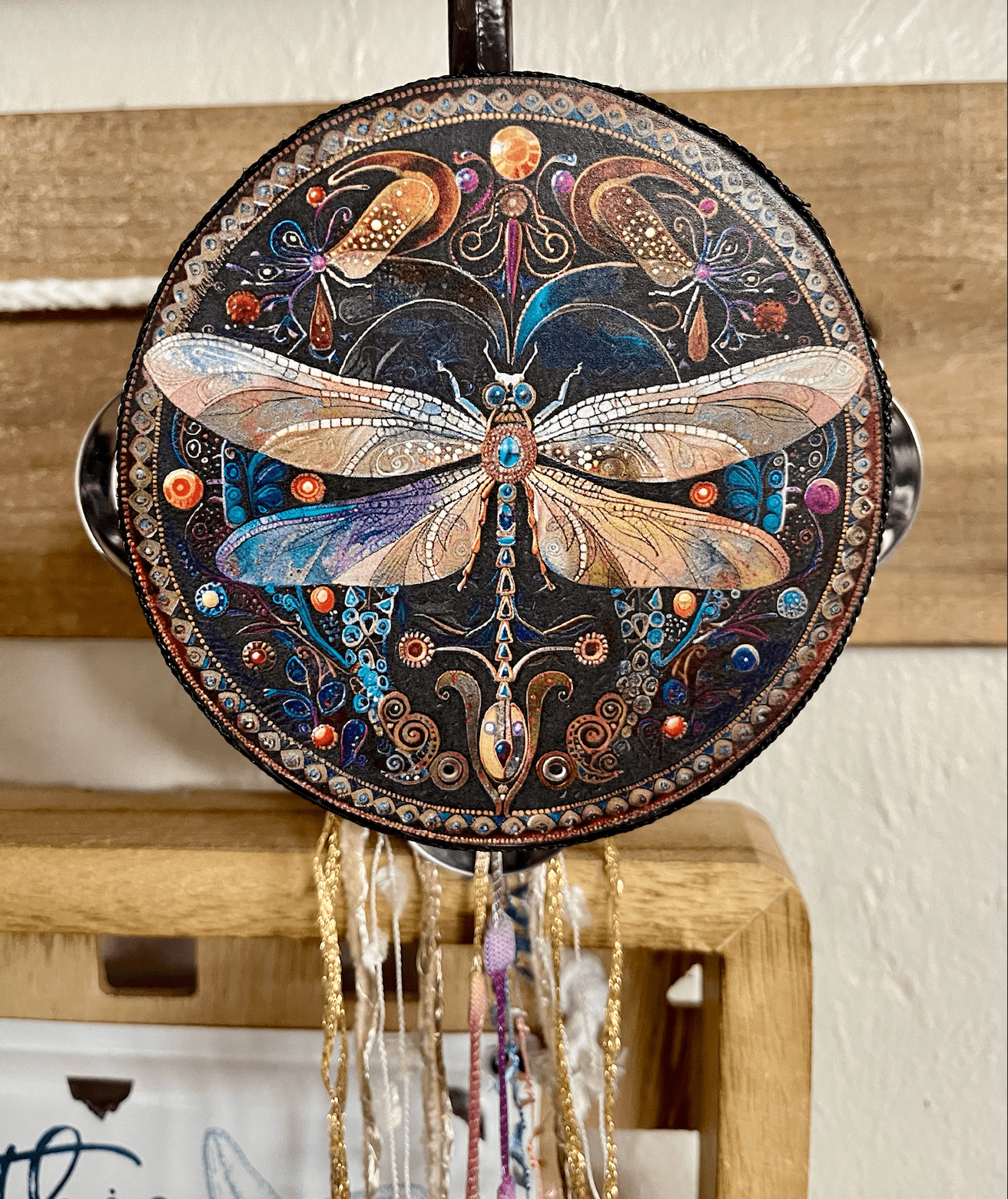 Charmed Art Nouveau Dragonfly 4" Tambourine and Ribbon - Spiral Circle