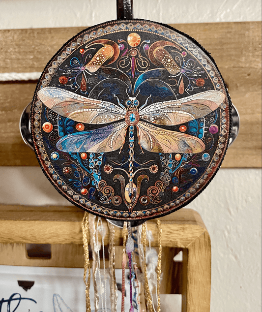 Charmed Art Nouveau Dragonfly 4" Tambourine and Ribbon - Spiral Circle