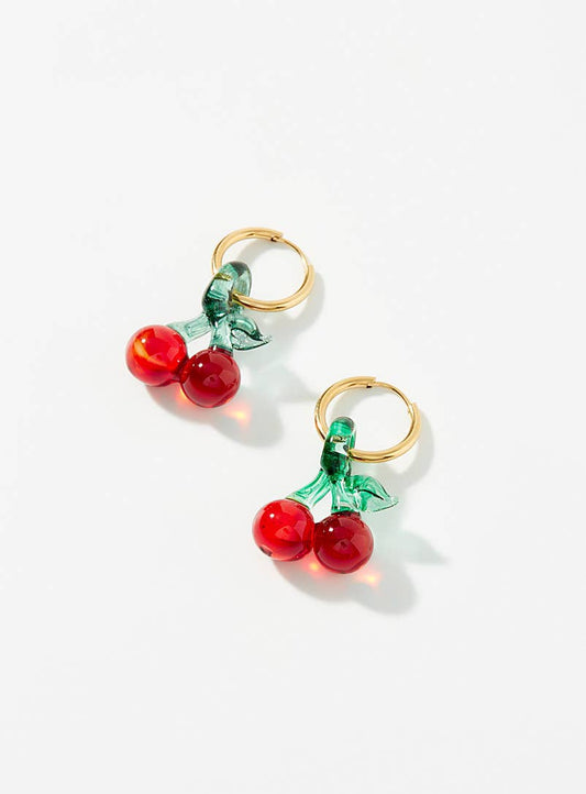 Cherry Mini Hoop Charm Earrings - Spiral Circle