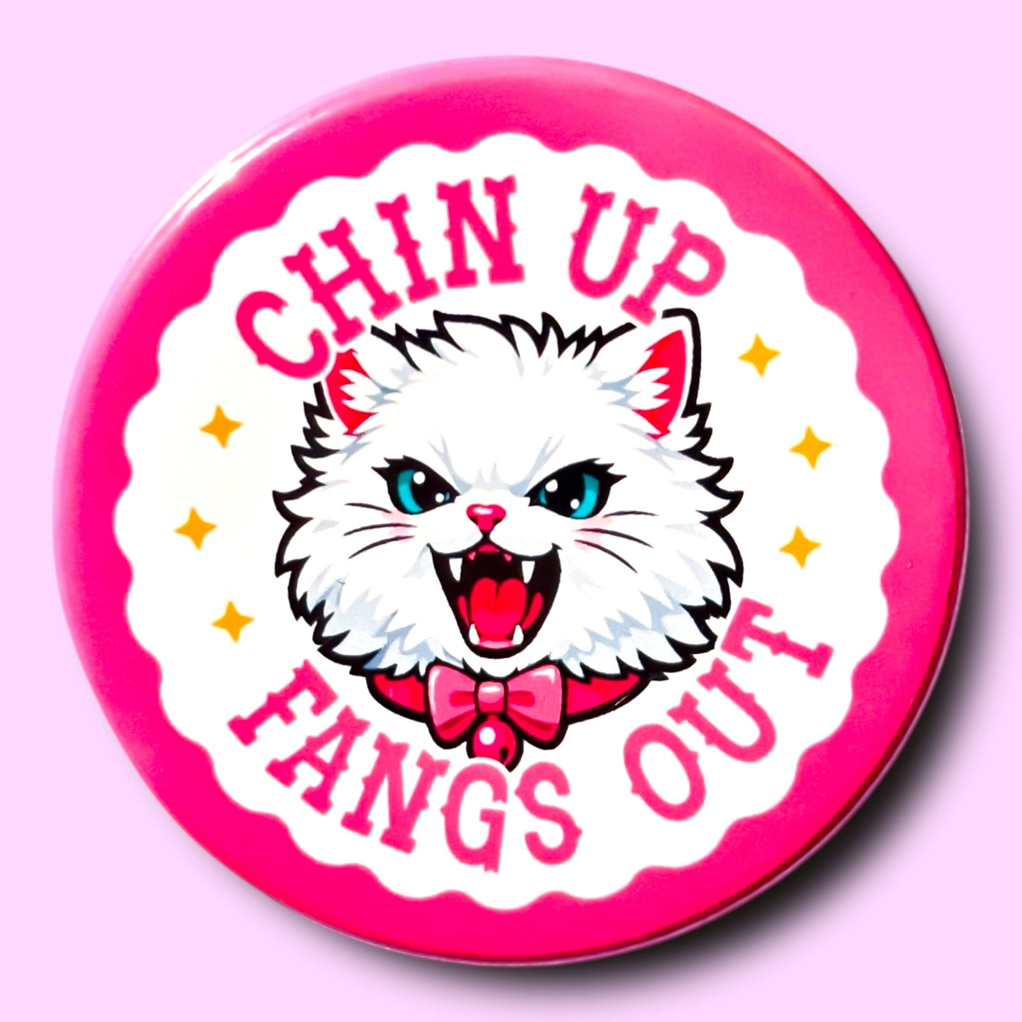 Chin Up Fangs Out (Cat Button or Magnet!) - Spiral Circle