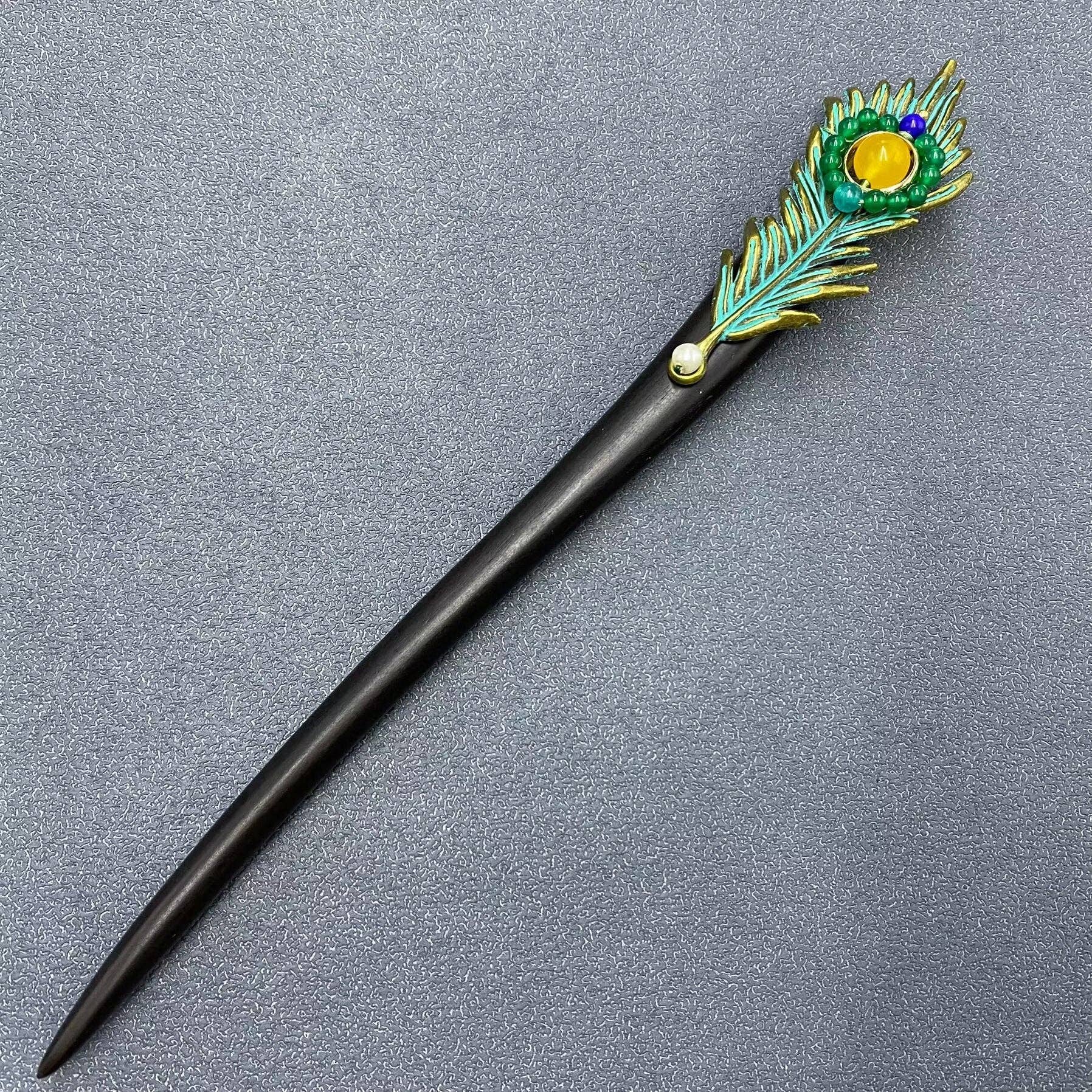 Classic Agate Metal Peacock Feather Long Ebony Wood Hairpin - Spiral Circle