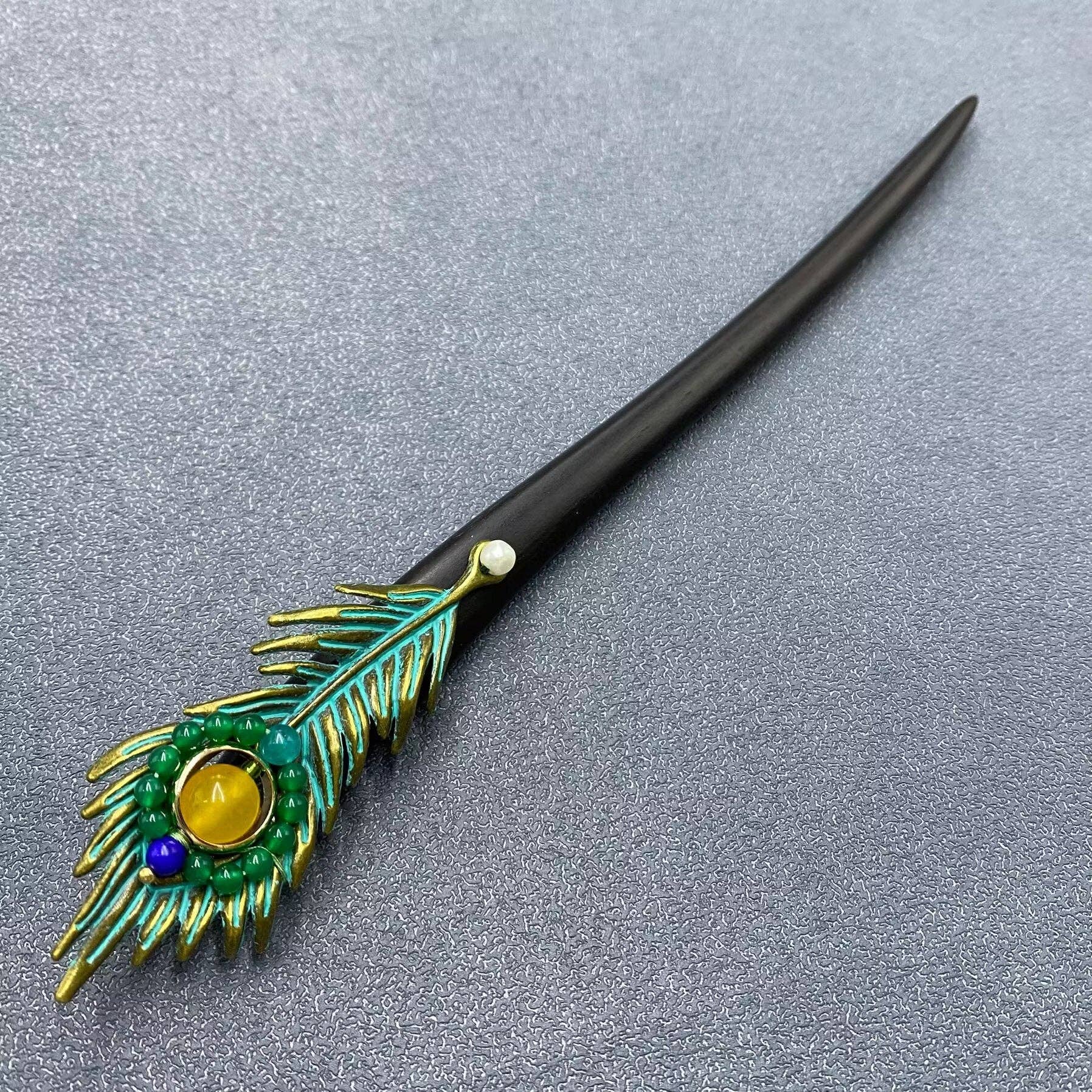 Classic Agate Metal Peacock Feather Long Ebony Wood Hairpin - Spiral Circle