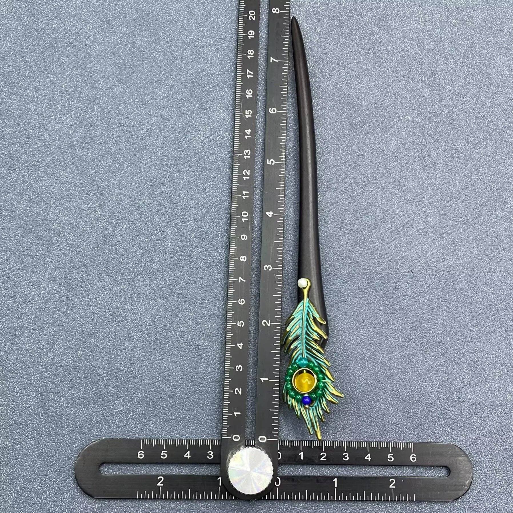 Classic Agate Metal Peacock Feather Long Ebony Wood Hairpin - Spiral Circle