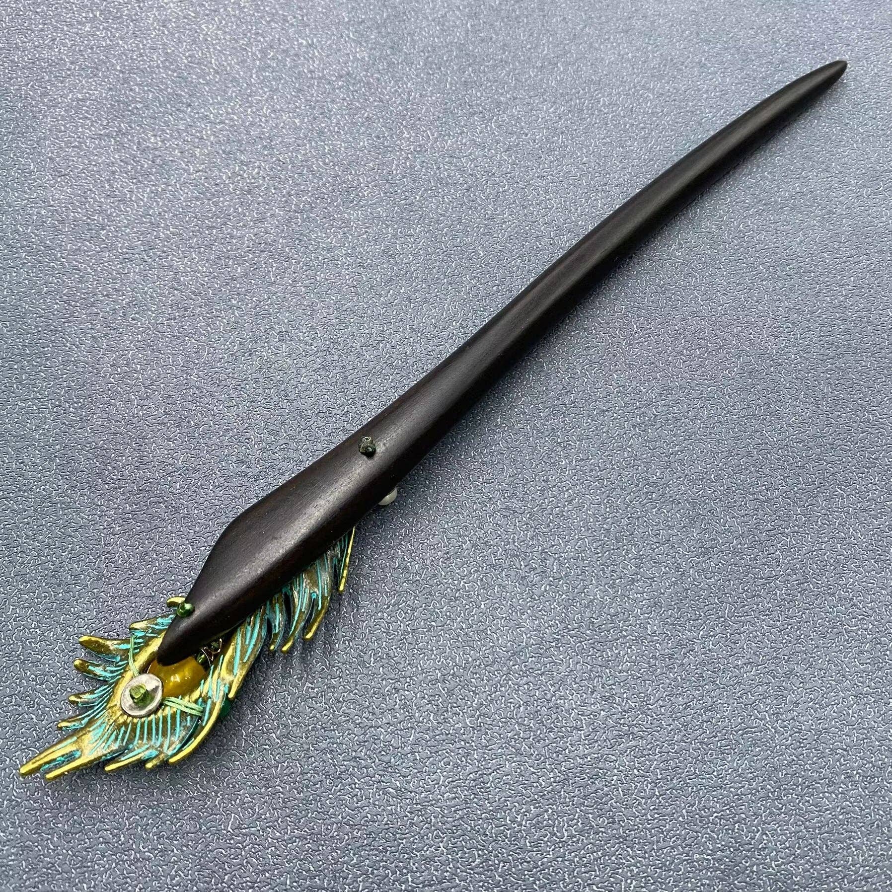 Classic Agate Metal Peacock Feather Long Ebony Wood Hairpin - Spiral Circle