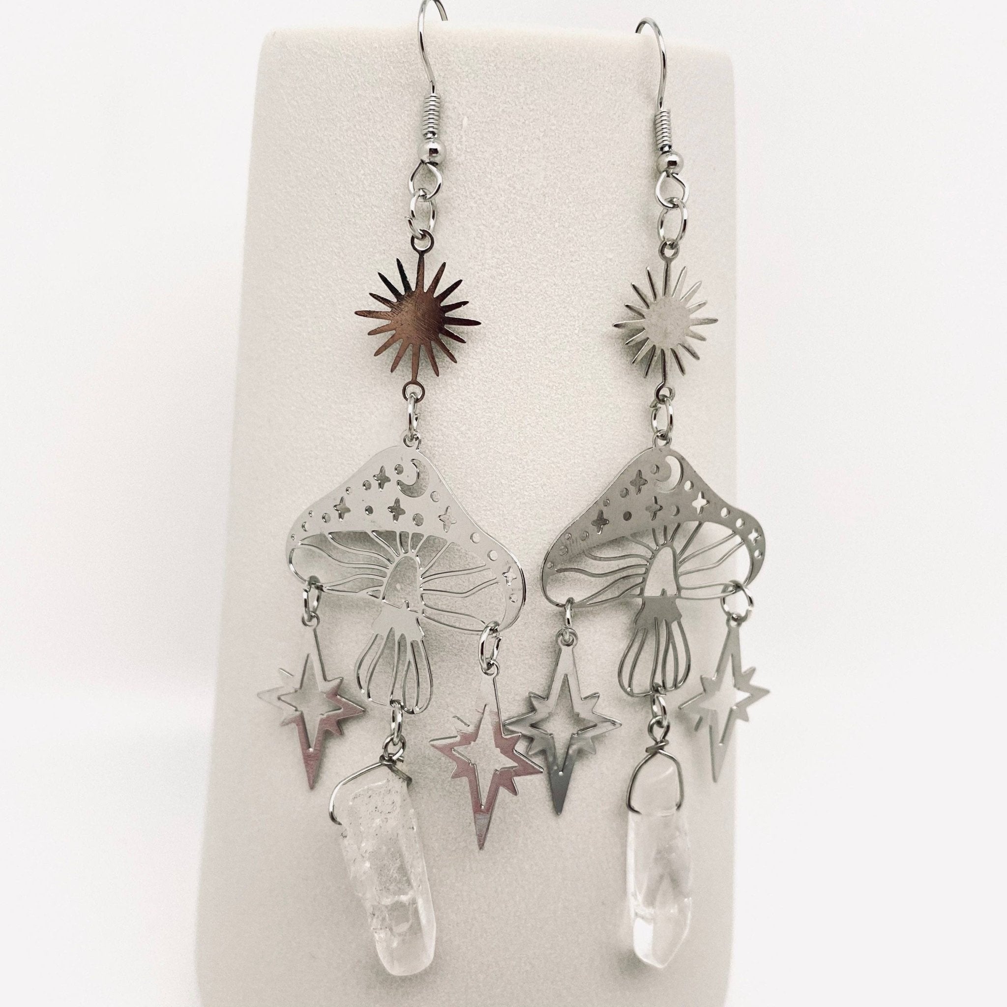 Clear Quartz, Mushroom & Sun Silver Earrings - Spiral Circle