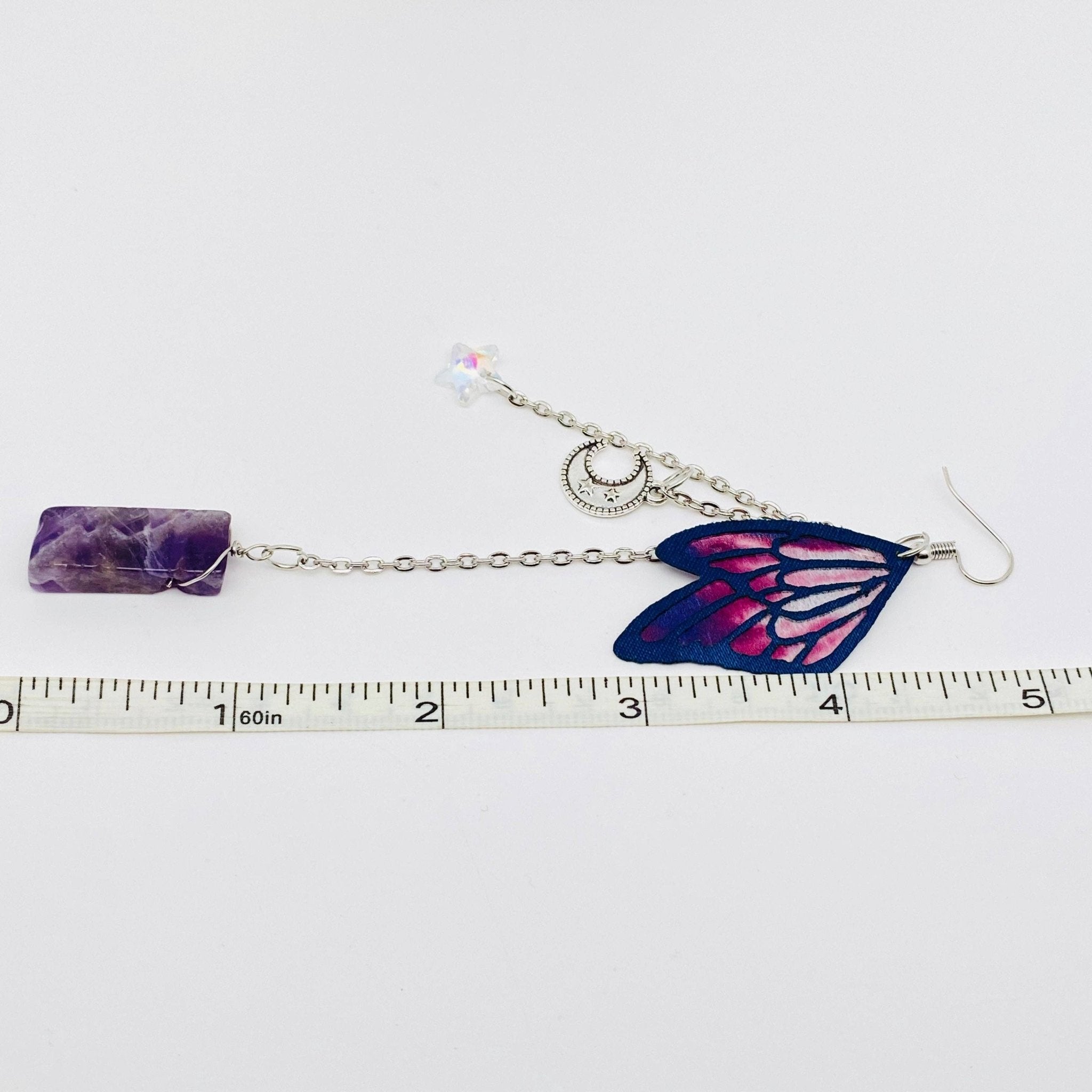Clear Quartz & Purple Butterfly Wings,Moon,Star Earrings - Spiral Circle