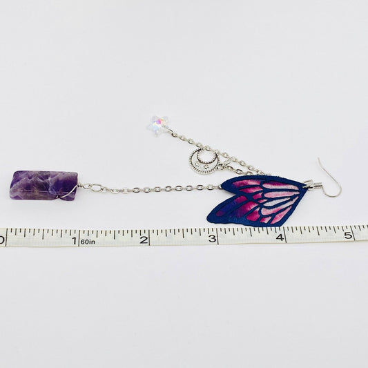 Clear Quartz & Purple Butterfly Wings,Moon,Star Earrings - Spiral Circle