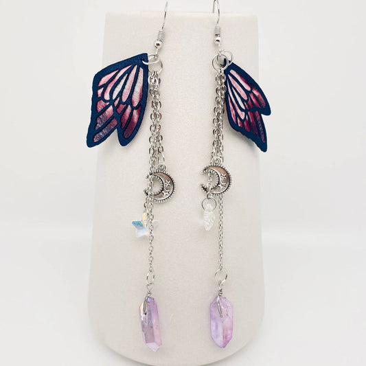 Clear Quartz & Purple Butterfly Wings,Moon,Star Earrings - Spiral Circle